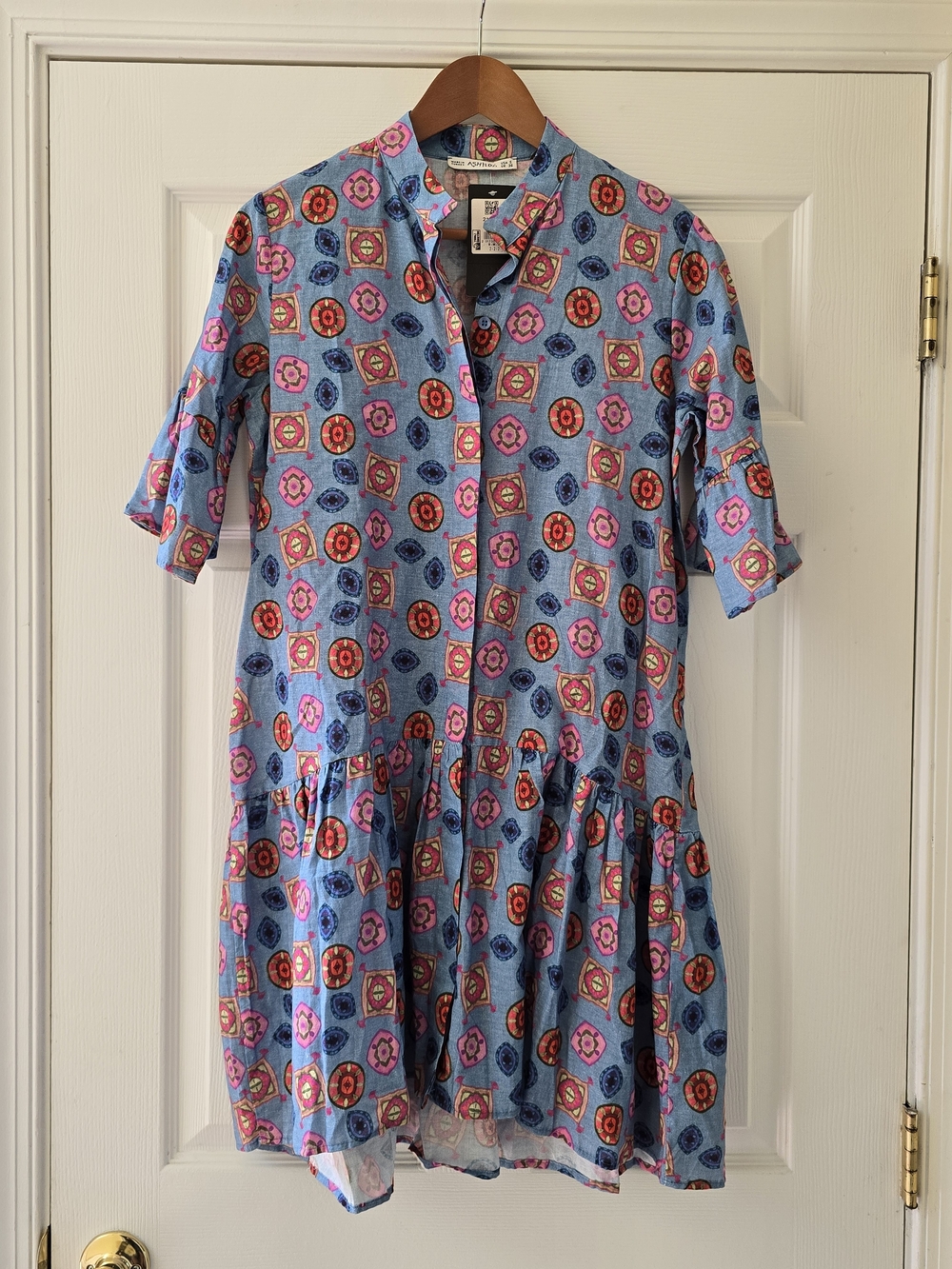 NWT Ashilda Paris Blue Patterned Short-Sleeve Tiered Dress - Small